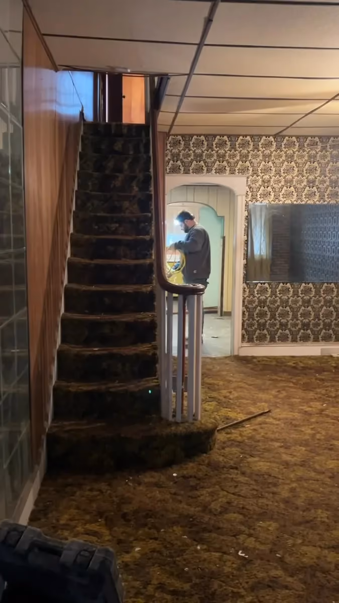 The original carpeted staircase and the view toward the kitchen.