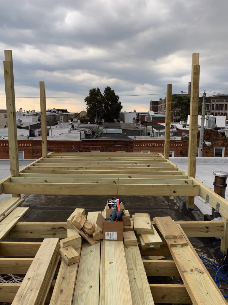 Timber framing across the rooftop.