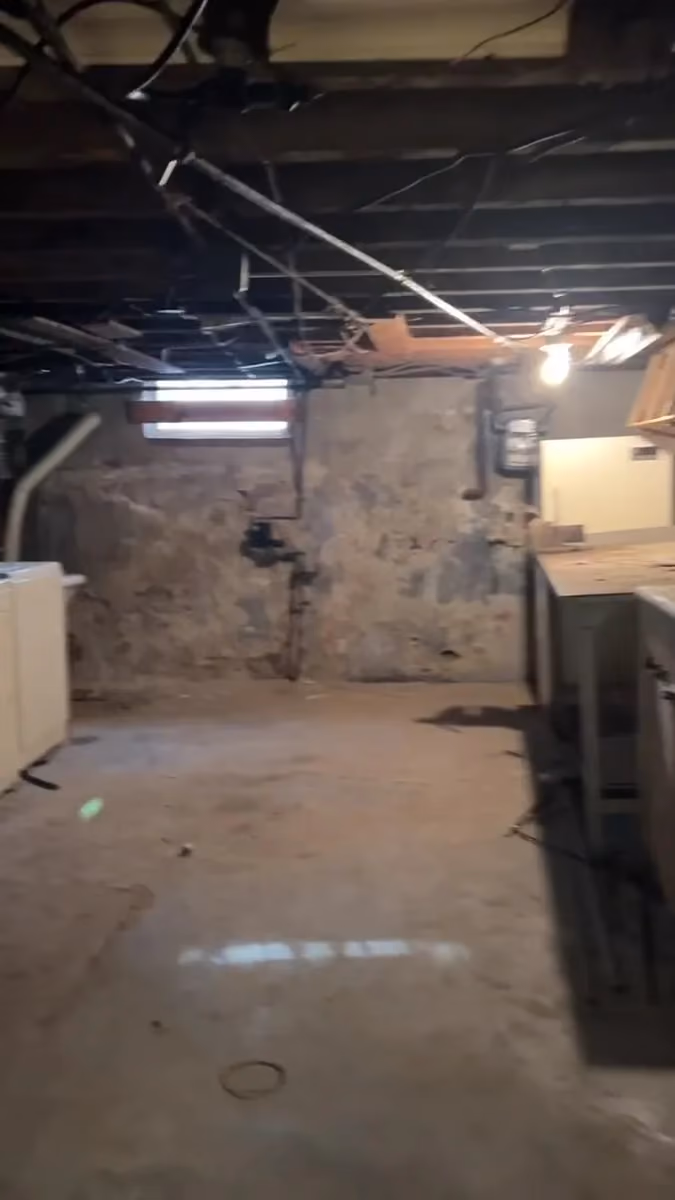 The original unfinished basement, with bare masonry and exposed joists.