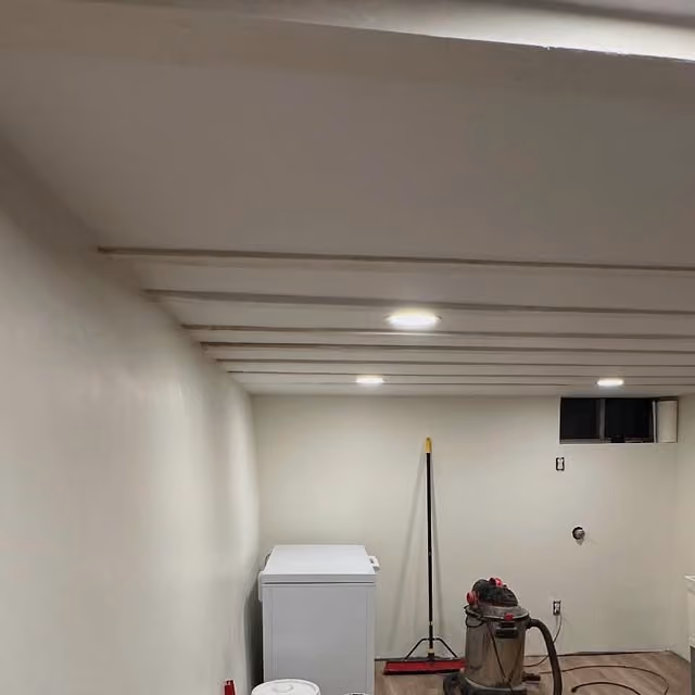 A basement interior with pale walls, exposed white ceiling beams, overhead lights and a chest freezer.