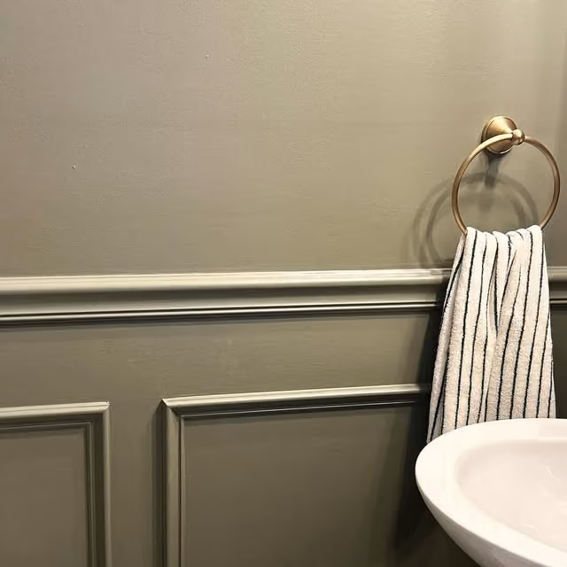 A close detail of olive-painted wall paneling, a warm metallic towel ring and the basin in the powder room.